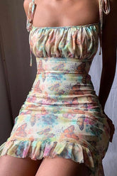 Vestido mini lencero con estampado de mariposas